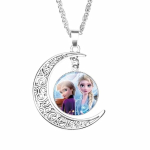 Zilveren halsketting met maanhanger en portret van Elsa en Anna de Sneeuwkoningin