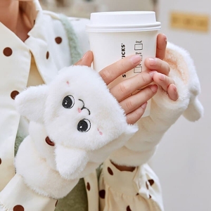 Warme en zachte witte en bruine handschoenen voor meisjes met kattenmotief