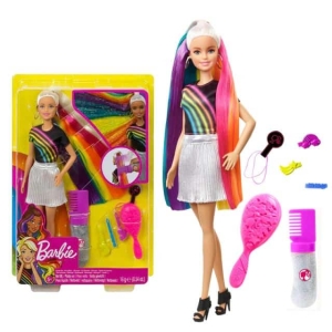 Barbie stijl meisjespop met regenboog haar, het dragen van een witte rok in een doos