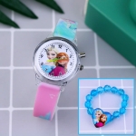 Roze Sneeuwkoningin horloge met ronde wijzerplaat en blauwe parelmoeren band