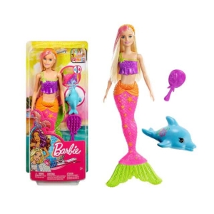 Barbie Dreamtopia zeemeermin voor meisjes, in een doos met een spiegel en een kleine blauwe dolfijn.