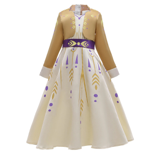 Beige Anna Sneeuwkoningin jurk met lange mouwen en paarse riem