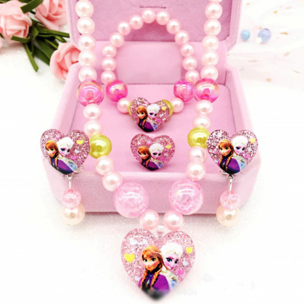 H2c4628a91eee4a79bc2e15225b4e5b325 Open roze juwelendoos met 4 Sneeuwkoningin-sieraden