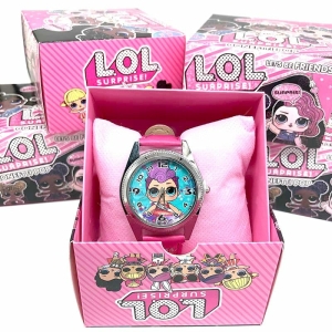 Analoog roze cartoonhorloge voor modieuze meisjes in een doosje