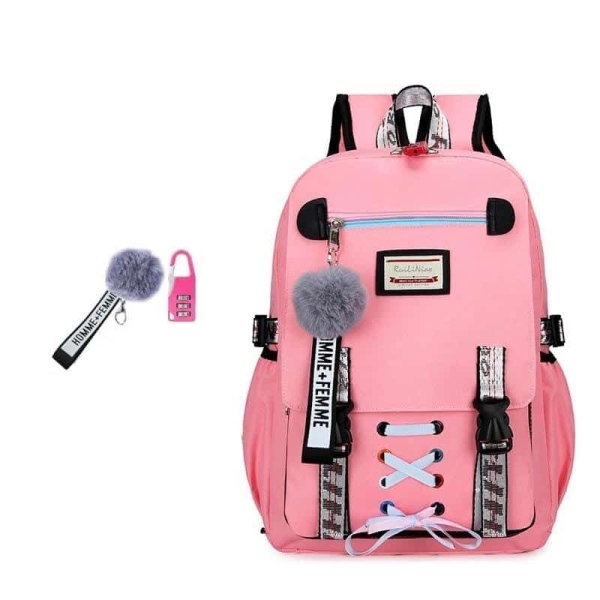 Roze rugzak met meerdere zakken, riemen, kant en grijze pompom