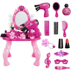 Kaptafel met spiegel voor meisjes in verschillende tinten roze, met alle accessoires uitgestald en vermeld aan de rechterkant