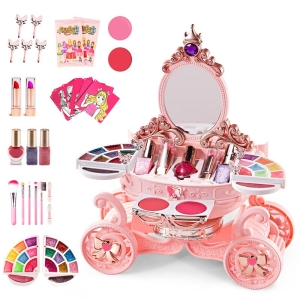 Roze make-up kaptafel voor meisjes, met elk accessoire aan de zijkant (make-up palet, penselen, lippenstiften, enz.)
