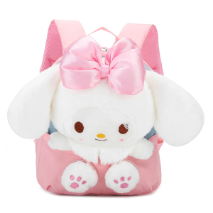 Roze schooltas voor kleine meisjes met een knuffelkonijn met grote oren geïntegreerd in de tas en een grote roze satijnen strik op zijn hoofd