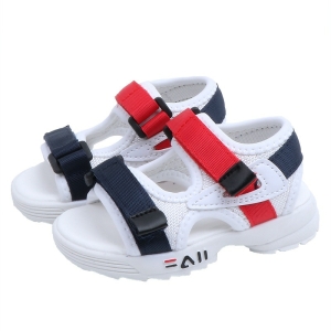 Witte sandaal met flexibele zool en rode en zwarte klittenbandsluiting