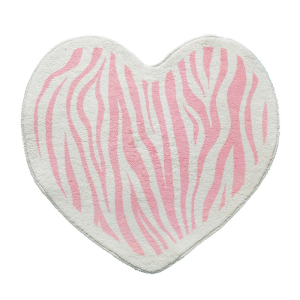 Een wit en roze hartvormig vloerkleed voor de slaapkamer van een meisje, met een zebrapatroon.
