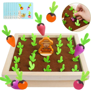 Montessori speelset van 24 houten worteltjes voor kleine meisjes met worteltjes en kaartjes met een witte achtergrond