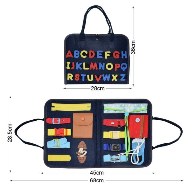 Een etui om schoenveters te leren strikken, ritsen te openen, knopen te sluiten en te openen, drukknopen en clips in te drukken, riemen vast te maken en stropdassen vast te maken, met het alfabet op de voorkant