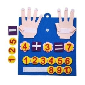 Leer tellen bord met 2 handen om de vingers te laten zakken, blauw, 2 handen bovenop met plus- en mintekens met rode cijfers op een gele achtergrond.