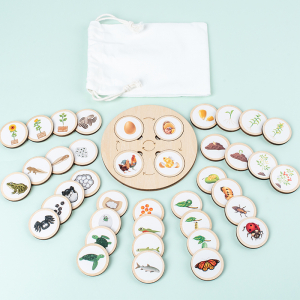 Rond houten bord met levenscyclusfiches op 10 verschillende thema's, die elk 4 evolutiefasen voorstellen, het ei, de baby, het kind, de volwassene en boven het bord een witte stoffen draagtas.