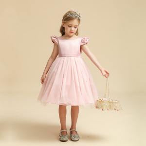 Een klein meisje met een roze tule jurk, de achtergrond is beige