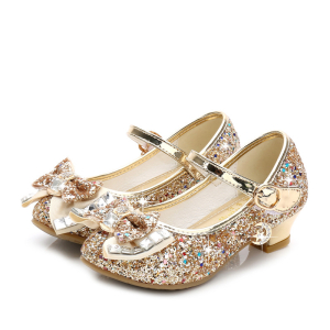 Pailletten prinsessenschoenen met strikje voor meisjes in goud op een witte achtergrond
