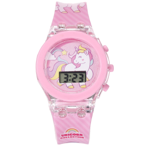 Roze glow-in-the-dark eenhoornhorloge voor meisjes met witte achtergrond