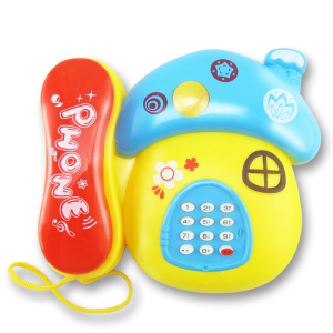 Speelgoedtelefoon in de vorm van een meisjeshuisje met witte achtergrond