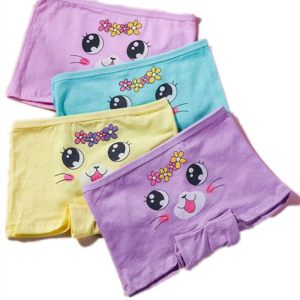 Op een witte achtergrond staan vier boxershorts van meisjes, een paarse, een roze, een gele en een blauwe met kleine kittengezichtjes die hun tong uitsteken, met een bloemetjeskroon, snorren en rode wangen en zwarte ogen, ondeugend kijkend