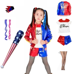 Harley Quinn Squad Monster vermomming voor meisjes, blauw, wit, rood met volledige accessoires.
