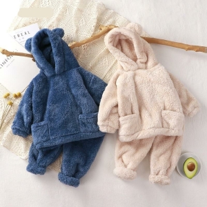 Zachte fleece pyjama met capuchon en berenoren voor meisjes in verschillende kleuren