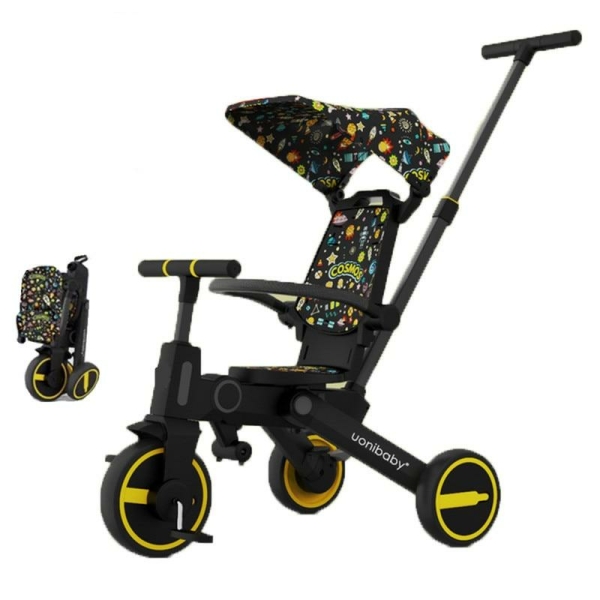 Geel bedrukte zwarte driewieler in profiel, met een miniatuur van dit product gevouwen aan de linkerkant