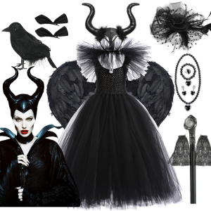 Zwarte tule Maleficent vermomming voor meisjes met witte achtergrond en afbeelding van Maleficent ernaast