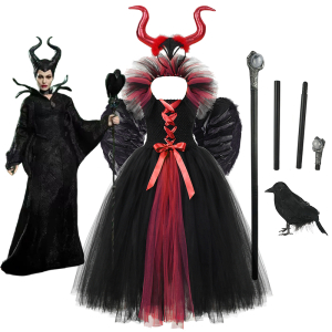 Rode en zwarte Maleficent vermomming voor meisjes met een witte achtergrond en de afbeelding van de maleficent van disney
