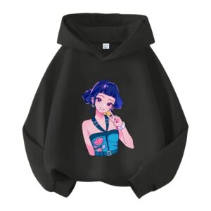 K-pop Demon Hunters Zoey Kindersweater voor meisjes op de voorkant. De sweater is zwart en met capuchon. Op witte achtergrond.