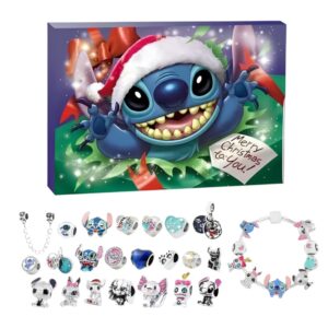 Adventskalender Stitch armband Pandora-stijl om te personaliseren. De doos met de afbeelding van Stitch met een kerstmuts en eronder de bedels en armband. Op witte achtergrond.