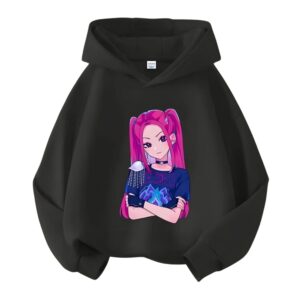 K-pop Demon Hunters Meisjes sweater Mira in zwarte kleur met een capuchon. Op witte achtergrond.