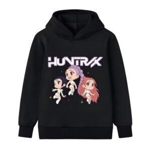 K-pop Demon Hunters Sweatshirt meisjes Zoey Mira en Rumi cartoonversie. De sweater is zwart en heeft een capuchon. Op witte achtergrond.