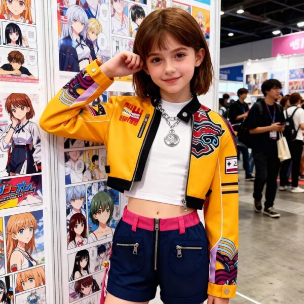 IMG_10_09_deguisement_kpop_demon_hunters_cosplay_rumi_3.jpg Jeune file brune cheveux au carré dans un salon manga, portant la tenue de Rumi de Demon Hunters avec une veste jaune un haut blanc et un short.