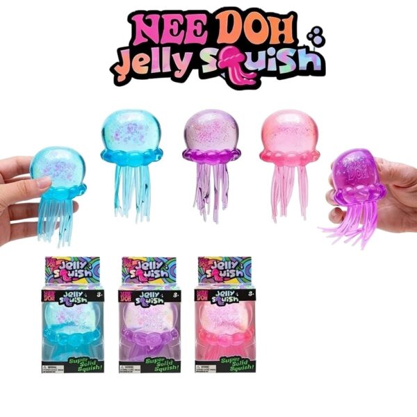 IMG_squishy_anti_stress_nee_doh_forme_meduse5.jpg Jouet squishy Nee Doh Jelly Squish représentant des méduses translucides à presser, présentées en 3 coloris : bleu turquoise, rose et violet. En haut de l'image, trois méduses sont tenues en main pour montrer leur taille et leur texture gélatineuse avec des tentacules souples qui pendent. En bas, les trois mêmes méduses sont présentées dans leur emballage individuel blister. Logo Nee Doh Jelly Squish visible en haut au centre.
